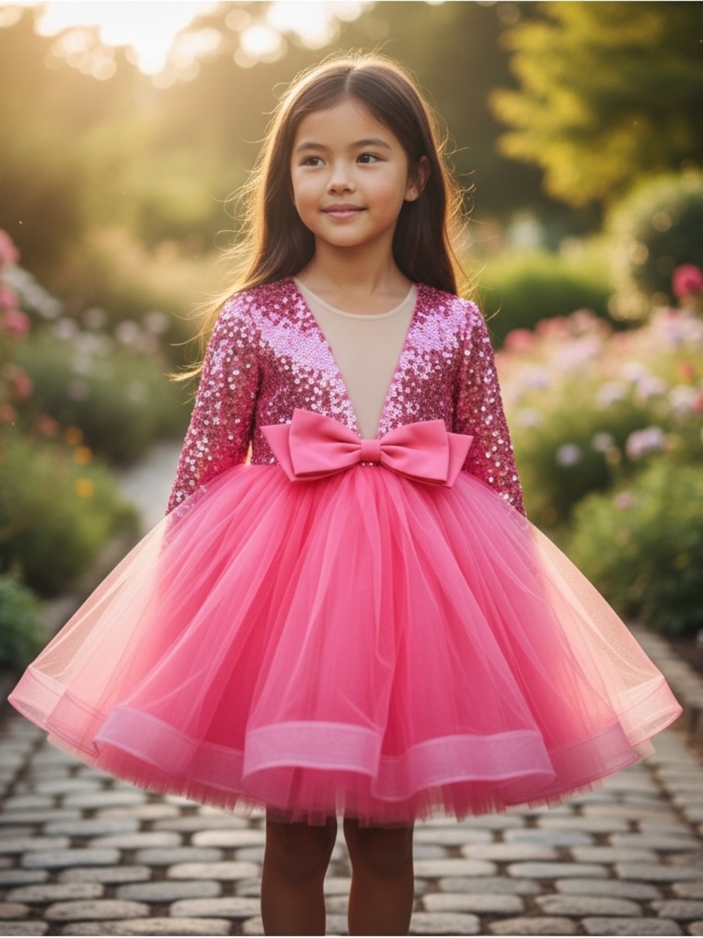 Pink Sequin Tulle Bow Party Dress for Girls